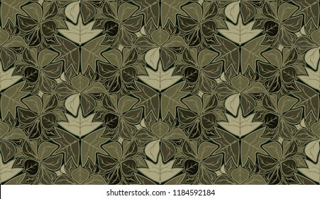 Seamless pattern of gray-green leaves grouped in hexagons with three-sided symmetry.