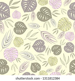 Seamless pattern with gray,green,beige,purple and pink exotic branches and palm leaves on a beige background.Pastel print for fabric,wrapping paper,wallpaper,planners,mugs,background for your design