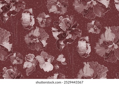 A seamless pattern with grayscale African violet flowers isolated on the colored background. The pattern has an aged or withered effect due to the sand texture that is placed above.
