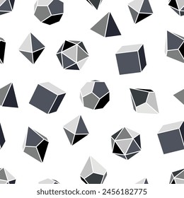 Seamless pattern of grayscale dice for DND role playing games with four, six, eight, twelve and twenty sides. Dice for the game Dungeons and Dragons in grayscale on white background.