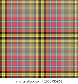 Seamless pattern in great black, yellow, red, blue and grey colors for plaid, fabric, textile, clothes, tablecloth and other things. Vector image. 