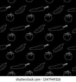 Seamless pattern with great carrots, cucumbers and tomato on black background. Vector image. 