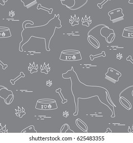 Seamless pattern with great dane and chihuahua, silhouette, comb, collar, leash, bone, bowl for food, dog tracks. Design for banner, poster or print.