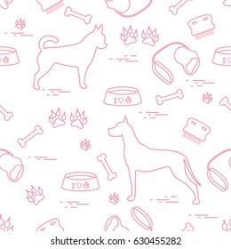 Seamless pattern with great dane and chihuahua, silhouette, comb, collar, leash, bone, bowl for food, dog tracks. Design for banner, poster or print.