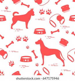 Seamless pattern with great dane and chihuahua, silhouette, comb, collar, leash, bone, bowl for food, dog tracks. Design for banner, poster or print.
