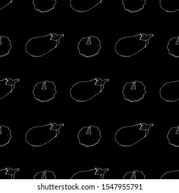 Seamless pattern with great eggplants and bush pumpkins on black background. Vector image. 