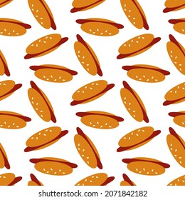 Seamless pattern with great hot dog on white background. Vector image.