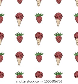 Seamless pattern with great red strawberry and strawberry ice cream on white background. Vector image. 
