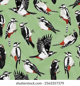 Seamless pattern with Great spotted woodpecker. Wild bird of Palearctic and North America. Realistic vector animal