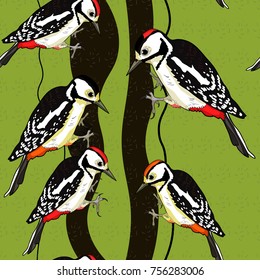 seamless pattern great spotted woodpecker family on tree vector illustration