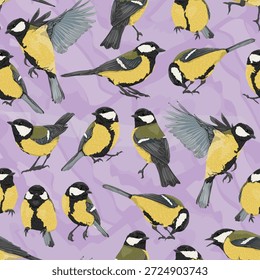 Padrão contínuo com o Grande peitoral Parus major em um fundo lilás brilhante. Animal de aves vetorial realista.