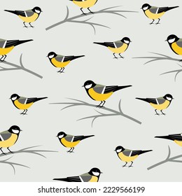 Seamless pattern with Great Tits sitting on branches. 