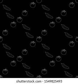 Seamless pattern with great  tomato and cucumbers on black background. Vector image. 