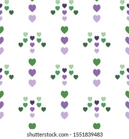 Seamless pattern with great violet and green hearts on white background for plaid, fabric, textile, clothes, tablecloth and other things. Vector image. 