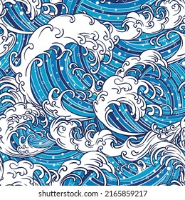 Seamless Pattern Of The Great Wave Off Kanagawa. Japan Sea Waves Ukiyo-e Seamless Pattern Vector.