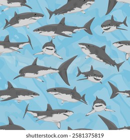 Seamless pattern with Great White Shark. Realistic vector marine cartilaginous fish.