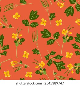 padrão sem costura com maior celandina, flor de campo, vetor desenhando plantas selvagens no fundo vermelho, Chelidonium majus, ornamento floral, ilustração botânica desenhada à mão