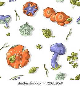 Seamless pattern with grebes, mushrooms, pine cones, pine needles, moss, leaves