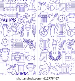 Seamless Pattern Greece travel Doodle icons, elements Sea, sculpture