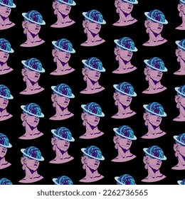 Seamless pattern with greek ancient sculpture David. Vector illustrations of modern statues. Punk culture inspired. Sculpture illustration with head David In Techno style. Urban street style vaporwave