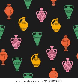 Seamless pattern with Greek ancient vase. Vector hand drawn abstract illustrations of antique classic vase in trendy modern style. Ancient greece on an isolated white background for printing