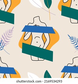 Seamless pattern with Greek antique trippi sculptures and botanical elements in ancient Greek style