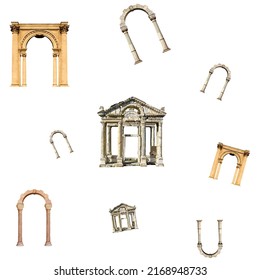 Seamless pattern Greek arches, collection, types of arches, aged stone, classical forms of architectural elements, archeology and history, monumental columns, keystone, capitals and friezes, antique e