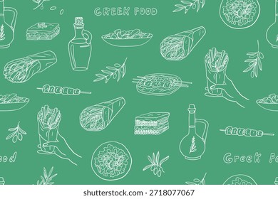 Seamless pattern of Greek food. Olive oil, souvlaki, pastitsio, gyrospita, greek salad, moussaka. Doodle. Isolated on green background