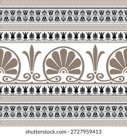 Padrão contínuo com chave grega meander. Сbordas clássicas gregas: meandro, palmette e ornamentado padrões florais dourados pretos. Sensação histórica. Ilustração vetorial.