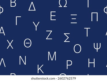 Seamless pattern with Greek letters blue vector illustration. Texture with abc. Alphabet letters shapes abstract seamless repeat pattern. Blue seamless pattern with Greek letters