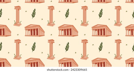 Seamless pattern with Greek motifs. Ancient Greek temple and  column with olive elements on  beige background for unique designs. Historical and museum values. Wrapping paper, postcards, printing
