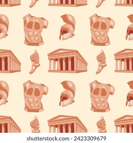 Seamless pattern with Greek motifs. An ancient Greek temple, a warrior's helmet, a statue of a torso and sandals with wings on a beige background for unique designs. Historical and museum value