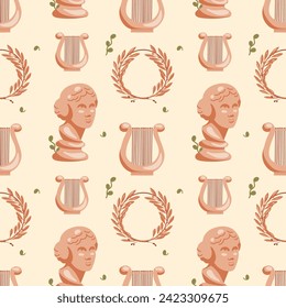 Seamless pattern with Greek motifs. Jug, Venus, winner's wreath on beige background for unique designs. Historical and museum values. Wrapping paper, postcards, printing