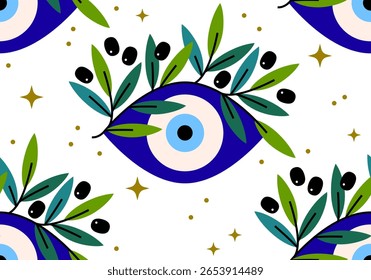 Seamless pattern with Greek olive leaf on evil eye. Symbol of Greece. Olive Eye design. Greek Eye texture. Olive Branches And Evil Eye