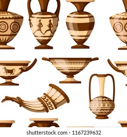 Seamless pattern. Greek pottery collection. Amphora with patterns, rhyton, kylix. Greek or roman culture. Brown color and patterns. Flat vector illustration on white background.