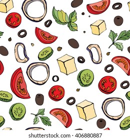 Seamless pattern. Greek salad ingredients. Fresh salad, organic food, vegetables. Color vector illustration of  greens, cherry tomatoes, onions, feta and cucumber on a white background