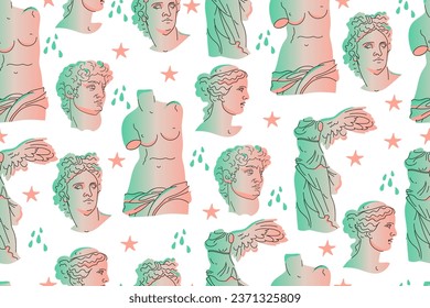 Seamless pattern with Greek sculptures. Antique minimalist statues and busts on a white background. Head of Venus, David, Apollo, torso of Venus, sculpture of Winged Victory. Vector illustration.