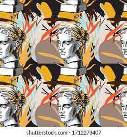 Seamless pattern with greek sculptures. female face. Stylish colorful background. pop art, modern antiquity.