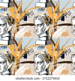 Seamless pattern with greek sculptures. female face. Stylish colorful background. pop art, modern antiquity.