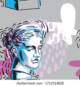 Seamless pattern with greek sculptures. female face. Stylish colorful background. pop art, modern antiquity.