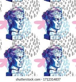 Seamless pattern with greek sculptures. female face. Stylish colorful background. pop art, modern antiquity.