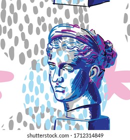 Seamless pattern with greek sculptures. female face. Stylish colorful background. pop art, modern antiquity.