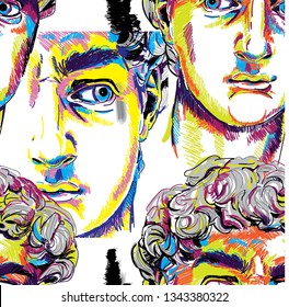 
Seamless pattern with greek sculptures. Men's faces. Stylish colorful background. pop art, modern antiquity.