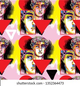 Seamless pattern with greek sculptures. Men's faces. Stylish colorful background. pop art, modern antiquity.