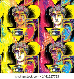 Seamless pattern with greek sculptures. Men's faces. Stylish colorful background. pop art, modern antiquity.