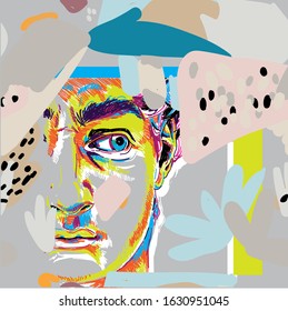 Seamless pattern with greek sculptures. Men's faces. Stylish colorful background. pop art, modern antiquity.