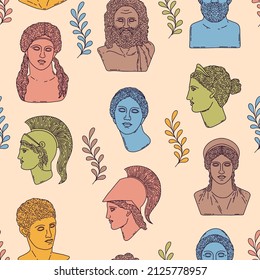 Seamless pattern with greek sculptures.Gods and goddess in doodle style.