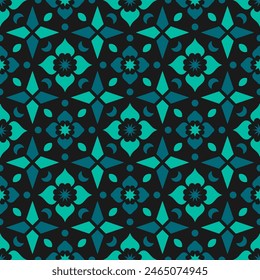 Seamless pattern with green abstract flowers and black background
