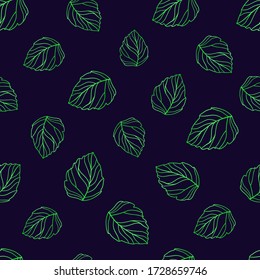 Seamless pattern. Green abstract leaves on a blue background. Vector illustration for fabric design, print for textile, scarf, underwear and packaging. 