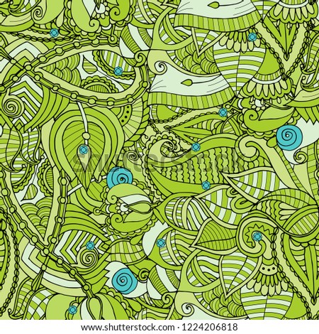 Seamless pattern of green abstract zentangle bushes with small blue flowers. Floral doodle ecological background